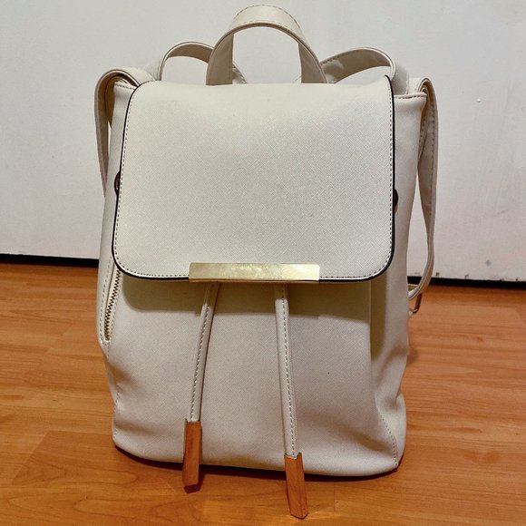 Handbags - White and Gold Faux Leather Backpack